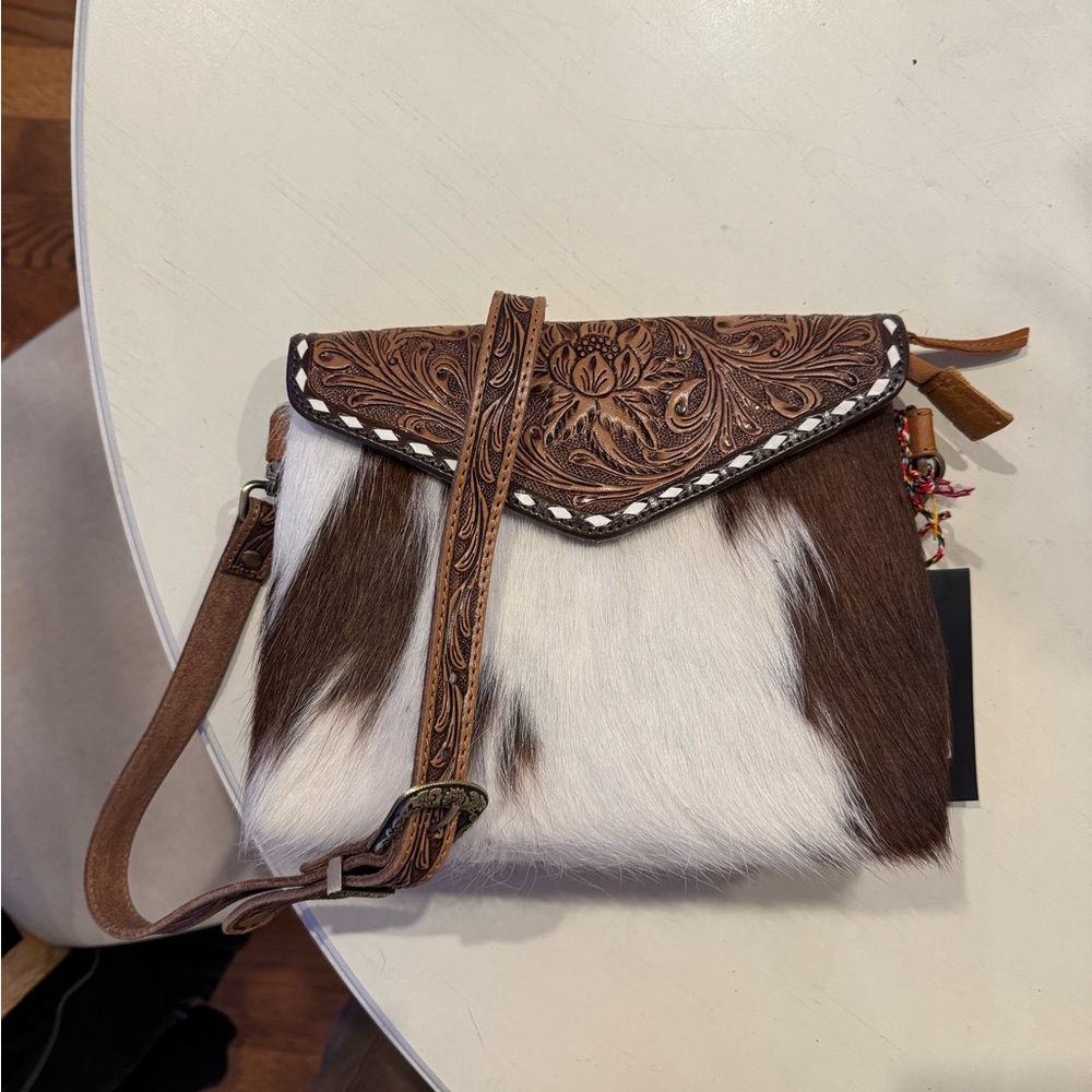 Hand Carved Leather & Cowhide Crossbody Bag